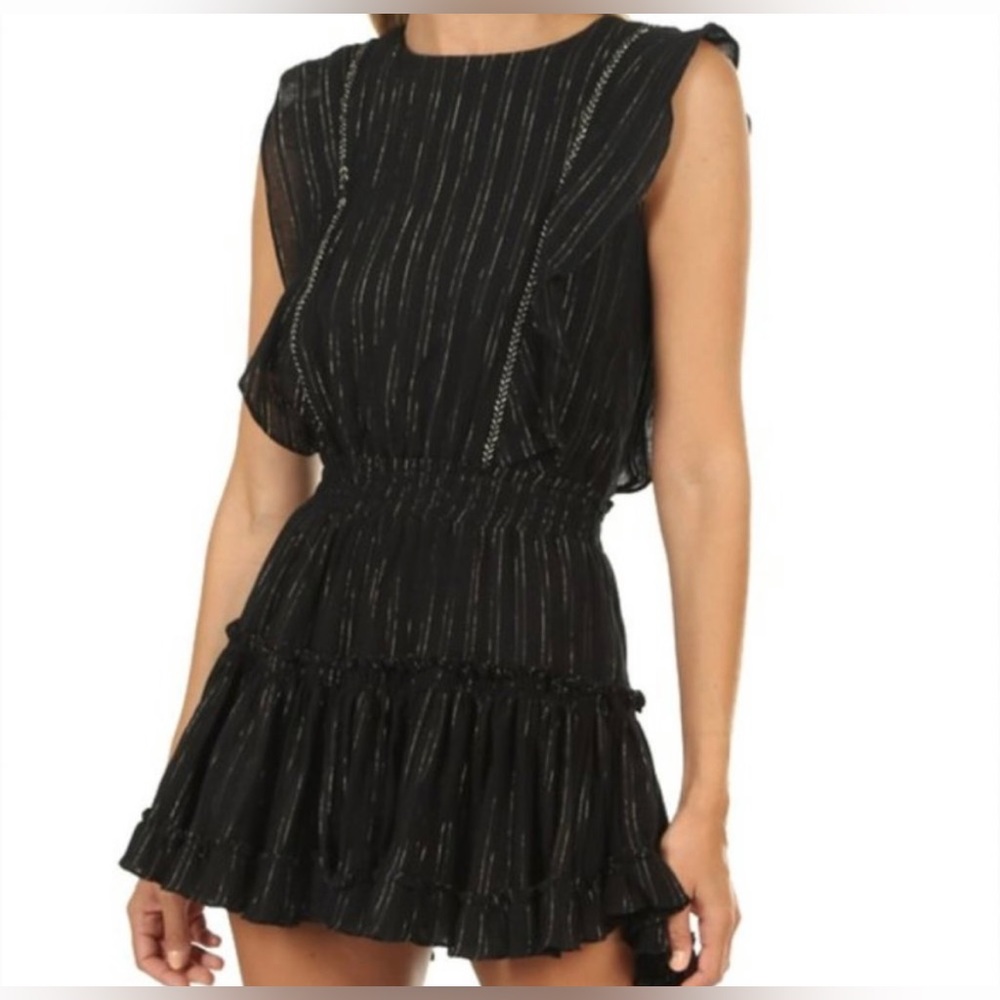 MISA Los Angeles Cielle Ruffle Bib Black Gold Mini Dress Size Small Metallic